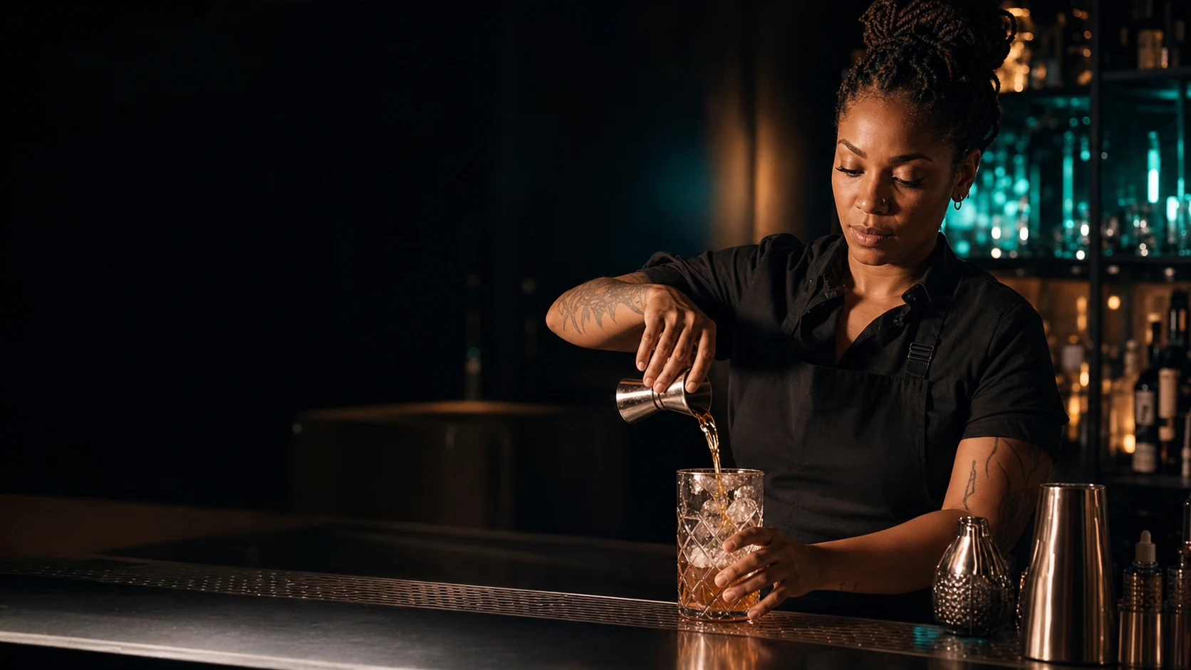 A professional bartender measuring a cocktail during service